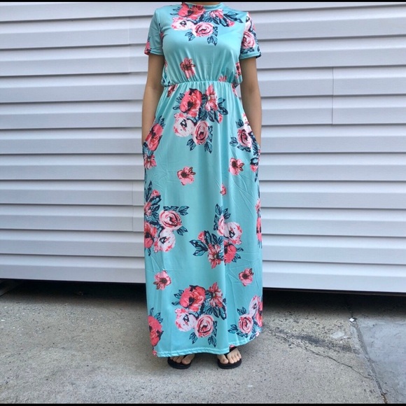 LAST 1: NEW Teal Floral Short Sleeve Maxi Dress - Picture 3 of 6